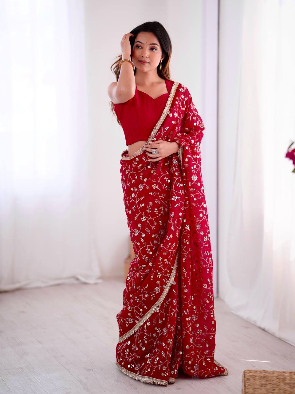 Red Crunchy Silk Saree with Sequin Embroidery