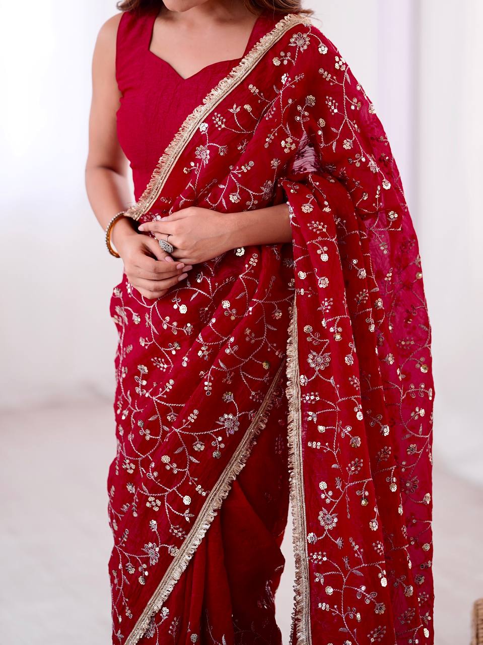 Red Crunchy Silk Saree with Sequin Embroidery