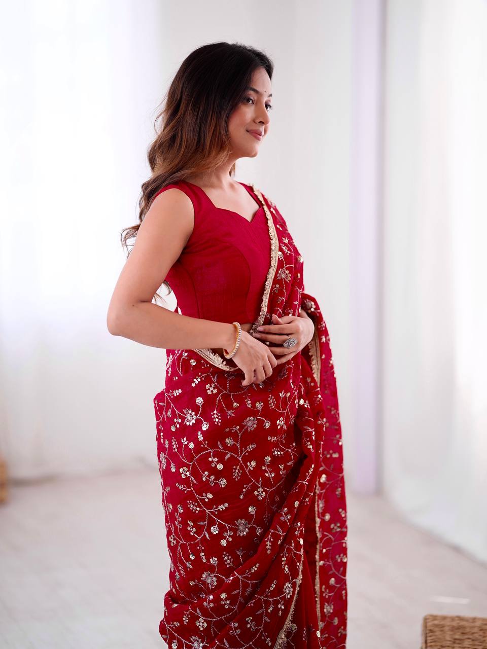 Red Crunchy Silk Saree with Sequin Embroidery