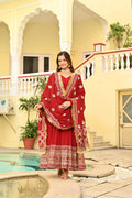 Red Faux Blooming Embroidered Gown with Dupatta
