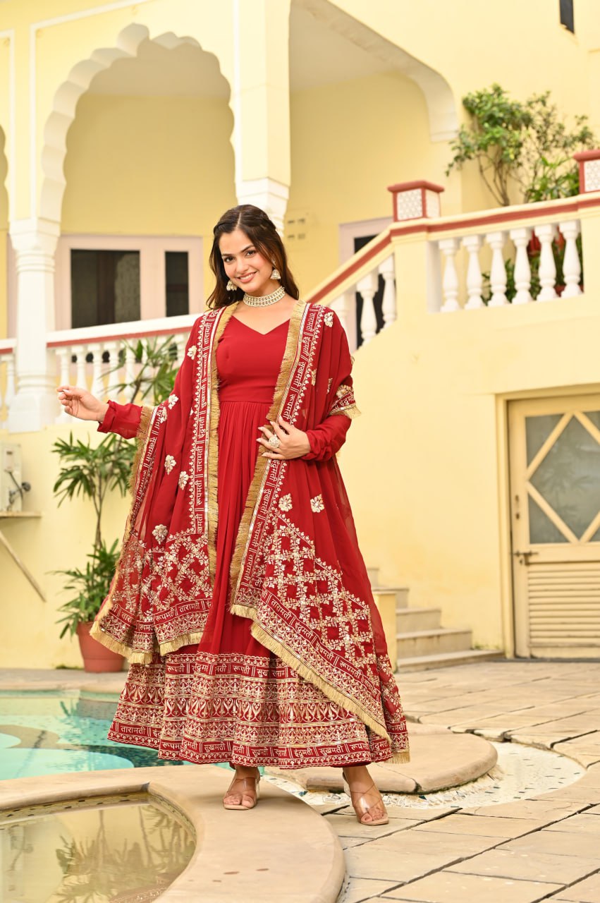 Red Faux Blooming Embroidered Gown with Dupatta
