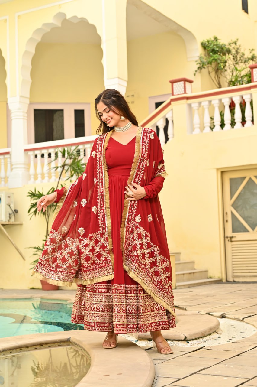 Red Faux Blooming Embroidered Gown with Dupatta