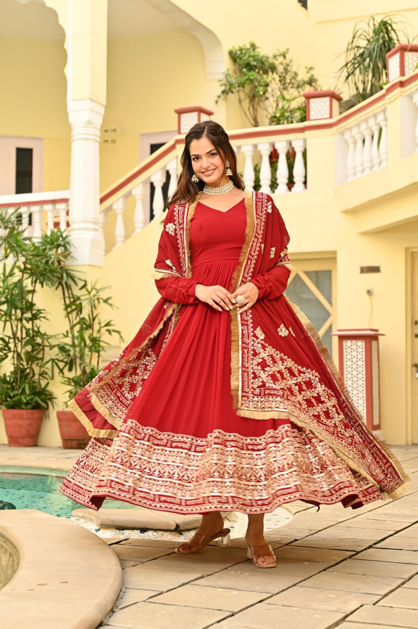 Red Faux Blooming Embroidered Gown with Dupatta