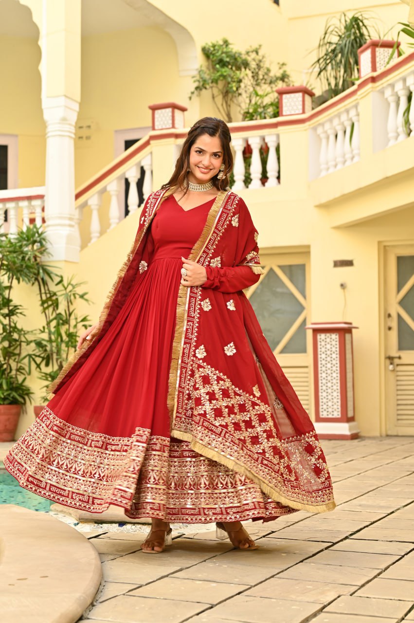 Red Faux Blooming Embroidered Gown with Dupatta