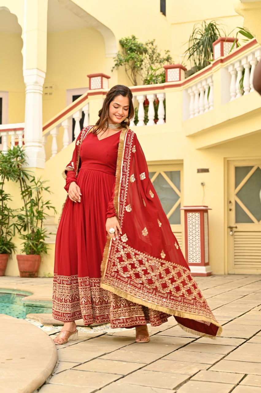 Red Faux Blooming Embroidered Gown with Dupatta