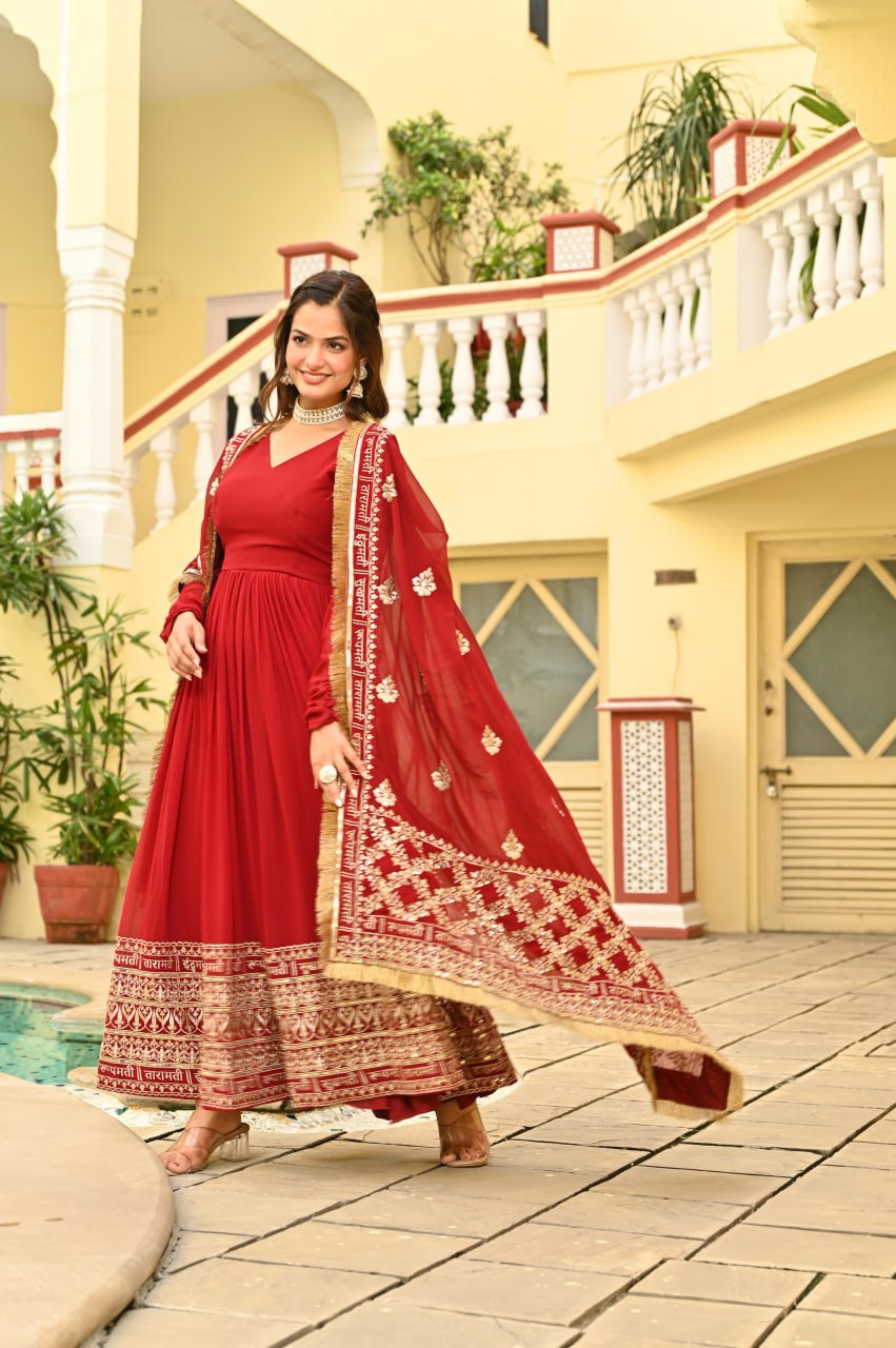 Red Faux Blooming Embroidered Gown with Dupatta