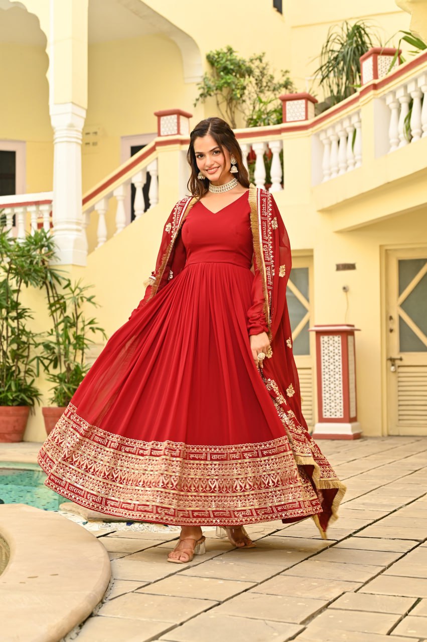Red Faux Blooming Embroidered Gown with Dupatta