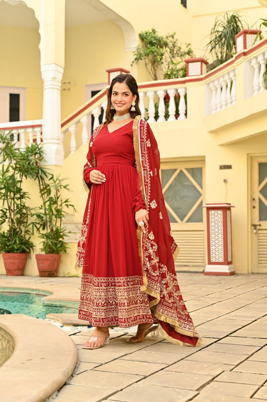 Red Faux Blooming Embroidered Gown with Dupatta