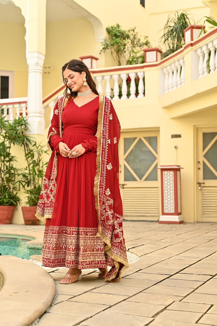 Red Faux Blooming Embroidered Gown with Dupatta