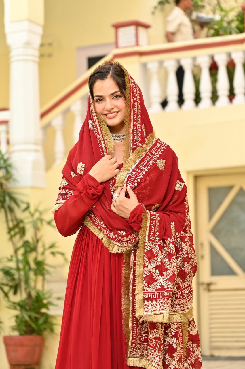 Red Faux Blooming Embroidered Gown with Dupatta
