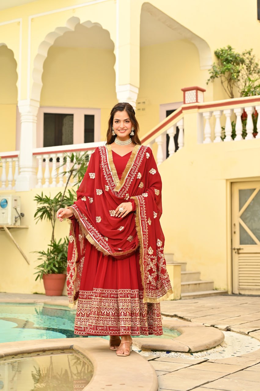 Red Faux Blooming Embroidered Gown with Dupatta