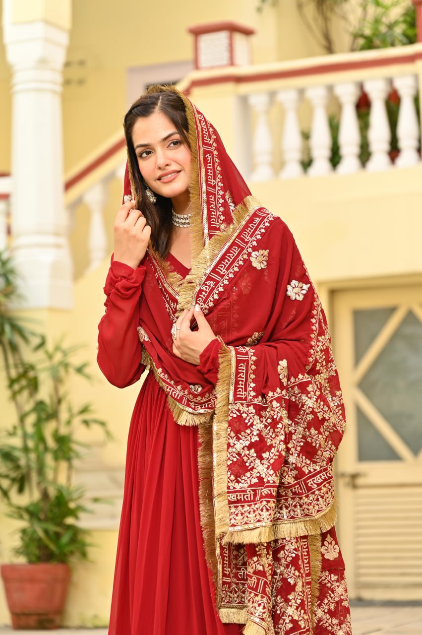 Red Faux Blooming Embroidered Gown with Dupatta