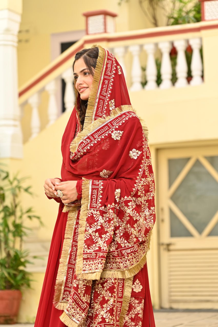 Red Faux Blooming Embroidered Gown with Dupatta