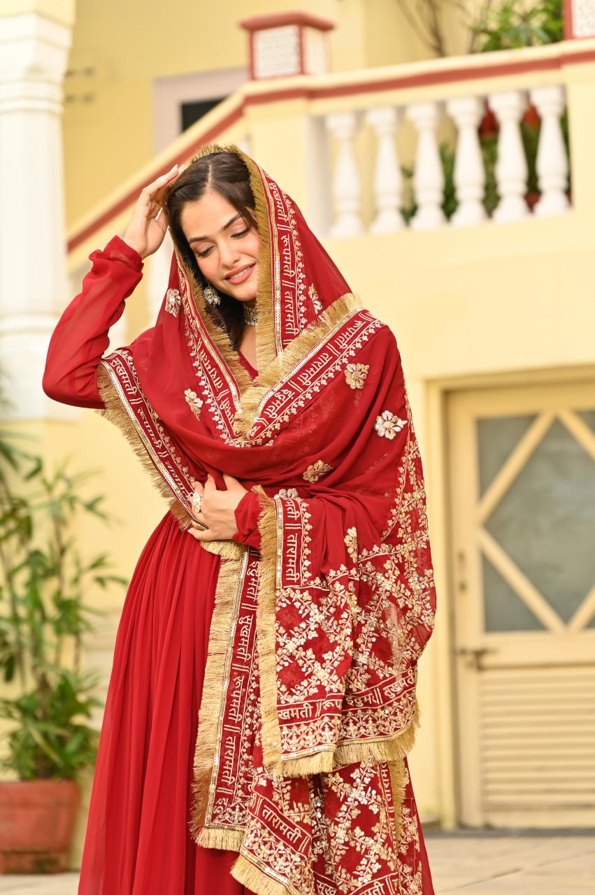 Red Faux Blooming Embroidered Gown with Dupatta