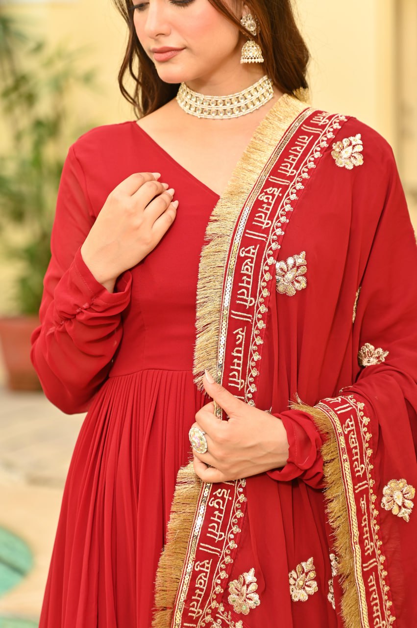 Red Faux Blooming Embroidered Gown with Dupatta