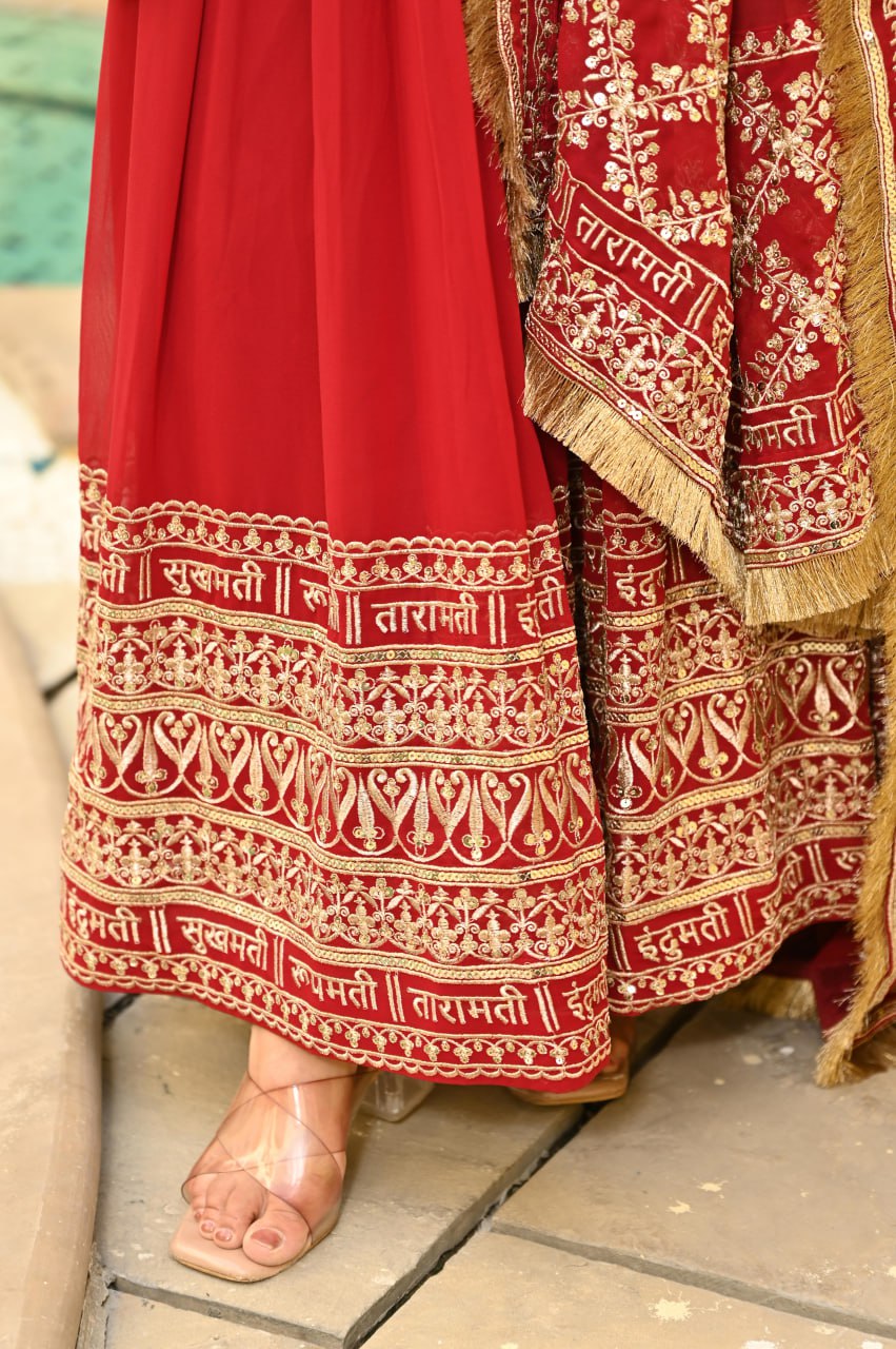 Red Faux Blooming Embroidered Gown with Dupatta