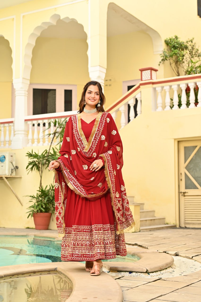 Red Faux Blooming Embroidered Gown with Dupatta