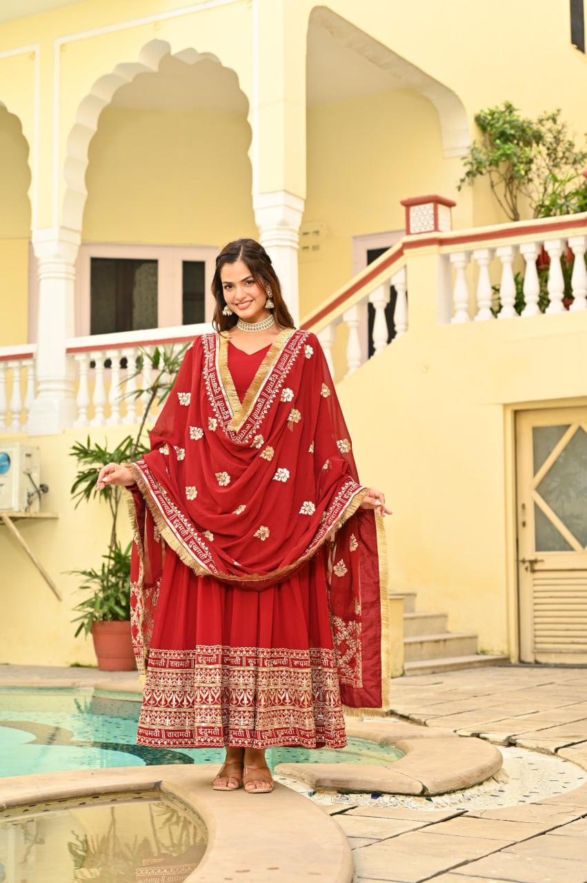 Red Faux Blooming Embroidered Gown with Dupatta