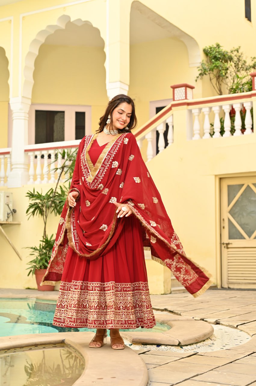 Red Faux Blooming Embroidered Gown with Dupatta