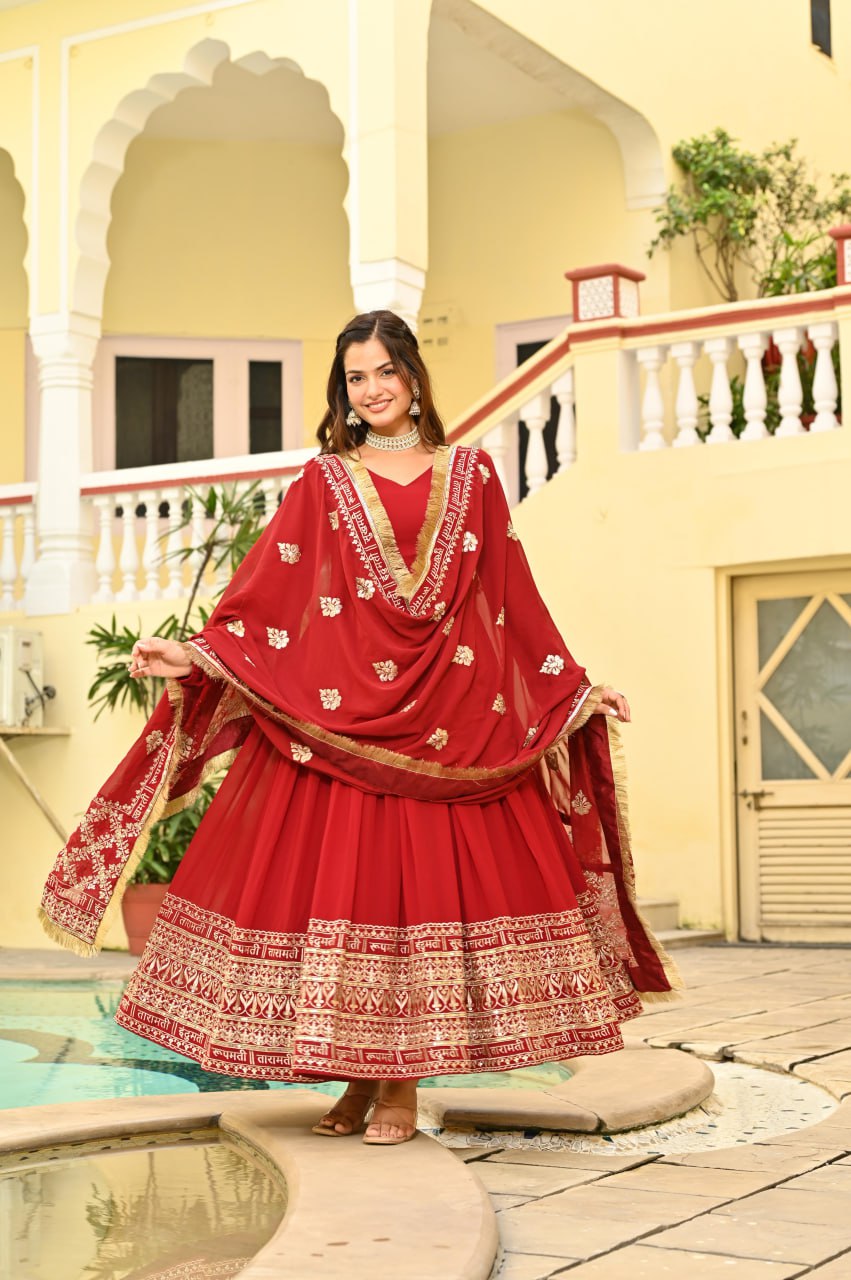 Red Faux Blooming Embroidered Gown with Dupatta