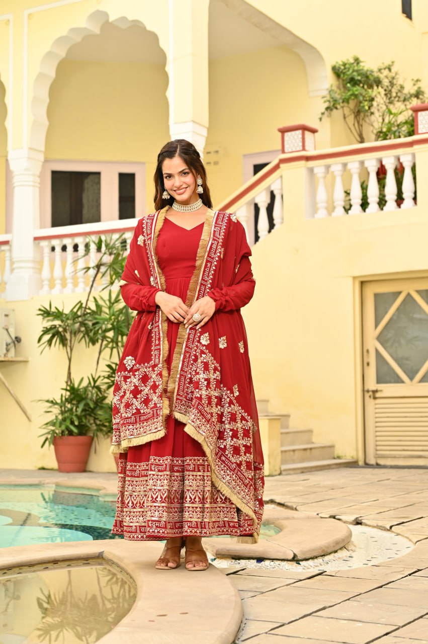 Red Faux Blooming Embroidered Gown with Dupatta