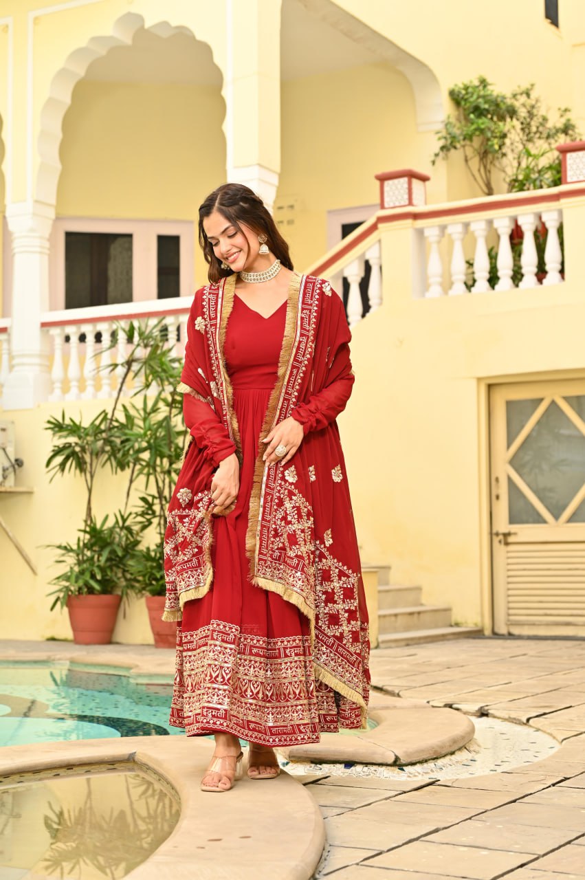 Red Faux Blooming Embroidered Gown with Dupatta