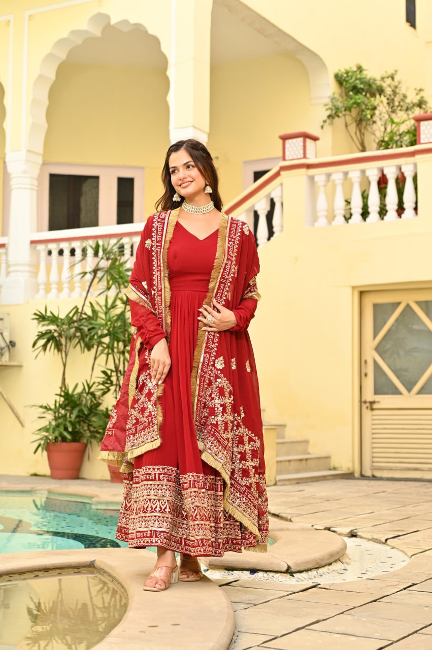 Red Faux Blooming Embroidered Gown with Dupatta