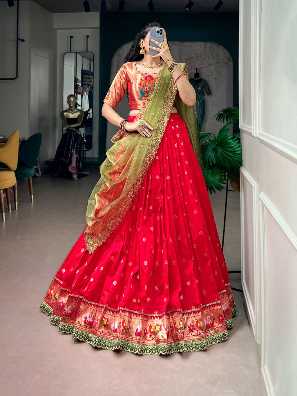 Red Jacquard Silk Paithani Lehenga Choli with Zari Weaving