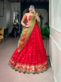 Red Jacquard Silk Paithani Lehenga Choli with Zari Weaving