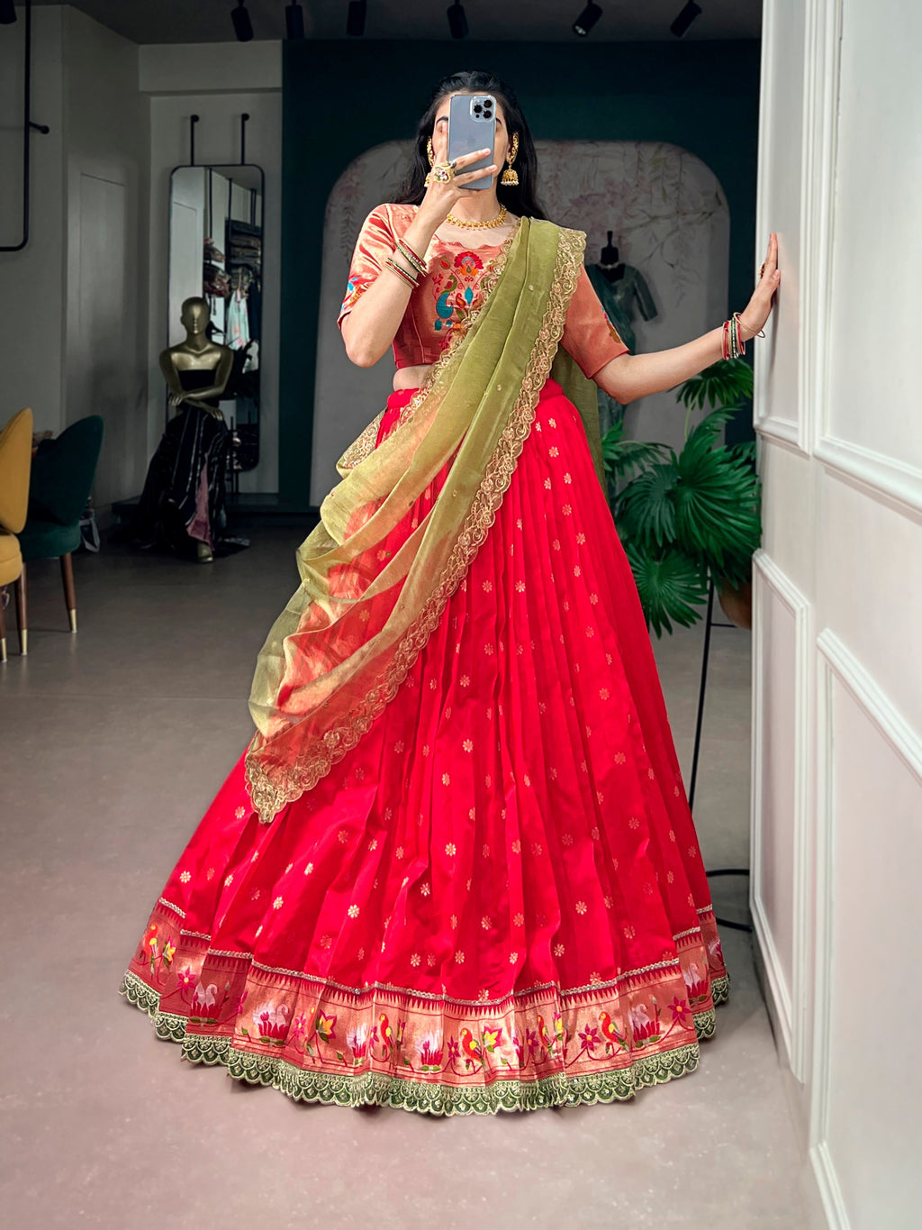 Red Jacquard Silk Paithani Lehenga Choli with Zari Weaving