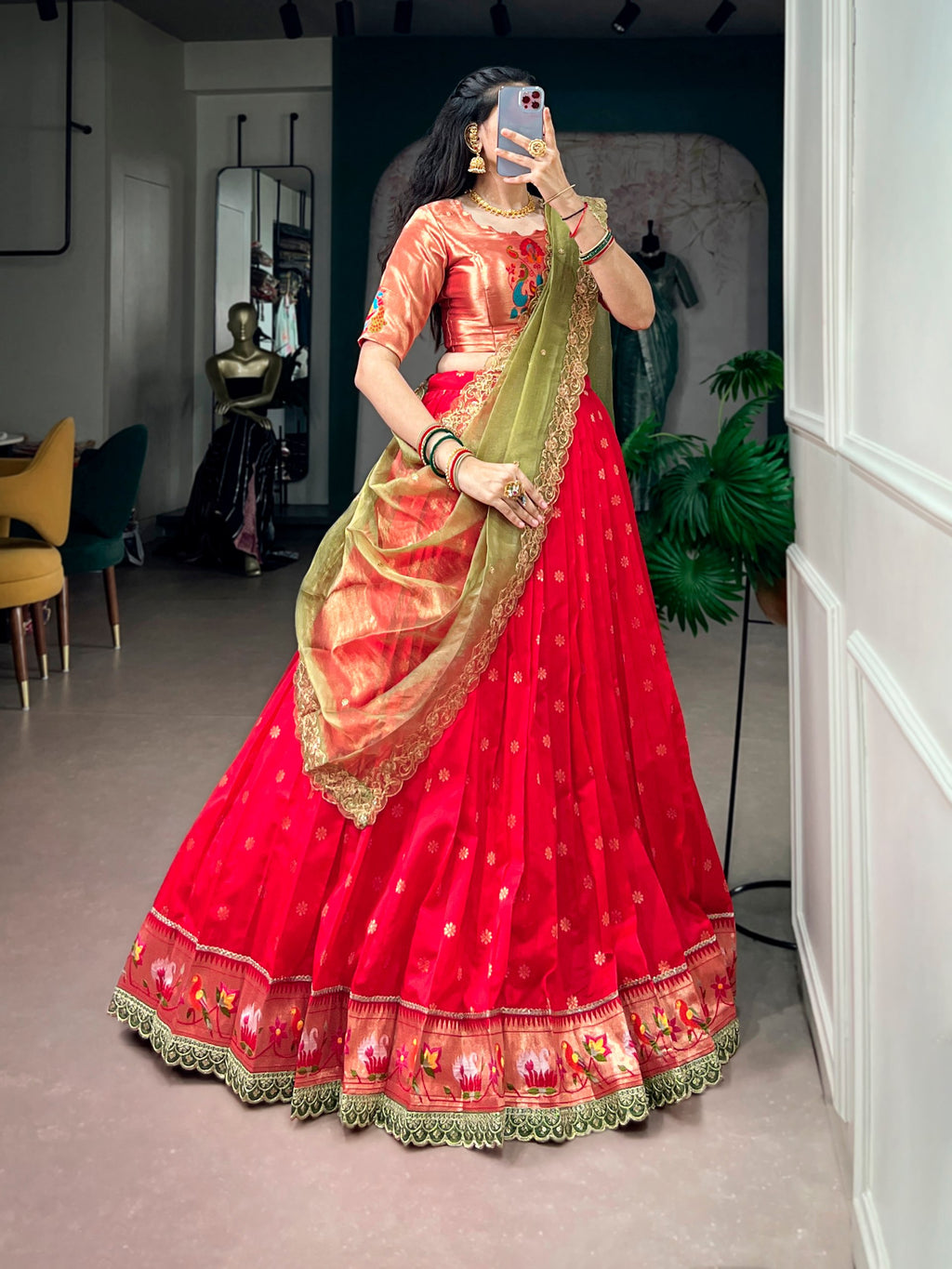 Red Jacquard Silk Paithani Lehenga Choli with Zari Weaving