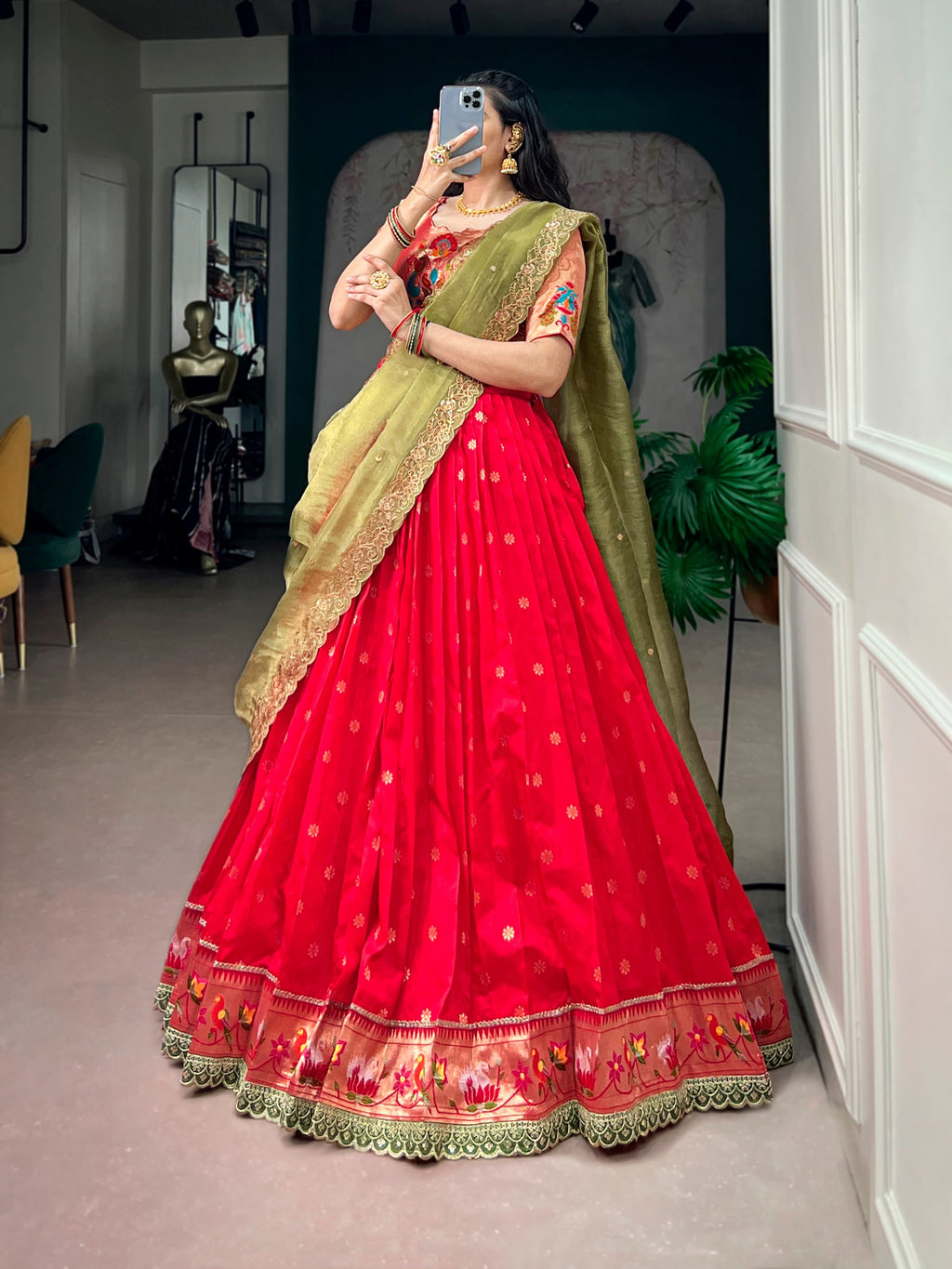 Red Jacquard Silk Paithani Lehenga Choli with Zari Weaving