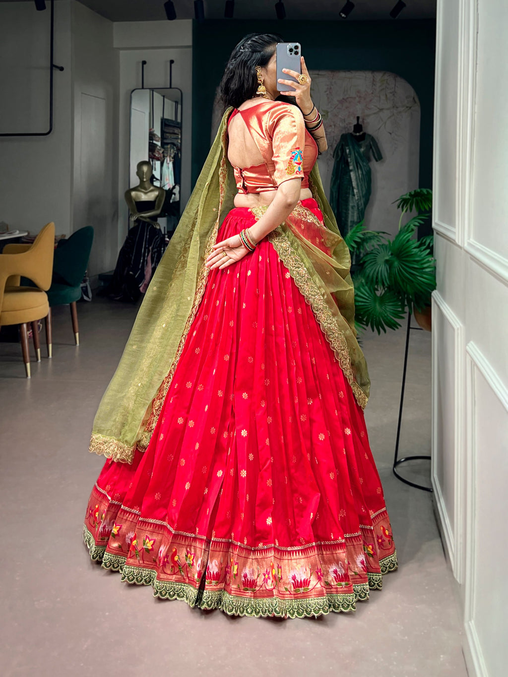 Red Jacquard Silk Paithani Lehenga Choli with Zari Weaving