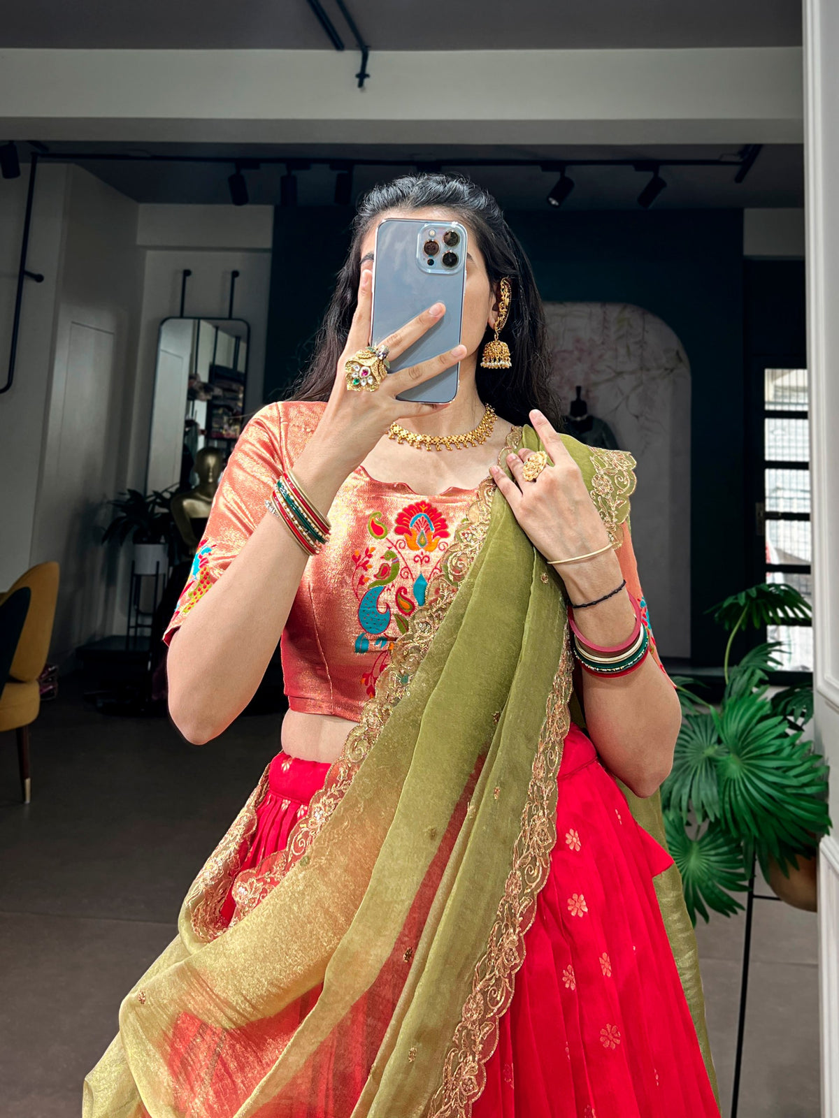 Red Jacquard Silk Paithani Lehenga Choli with Zari Weaving