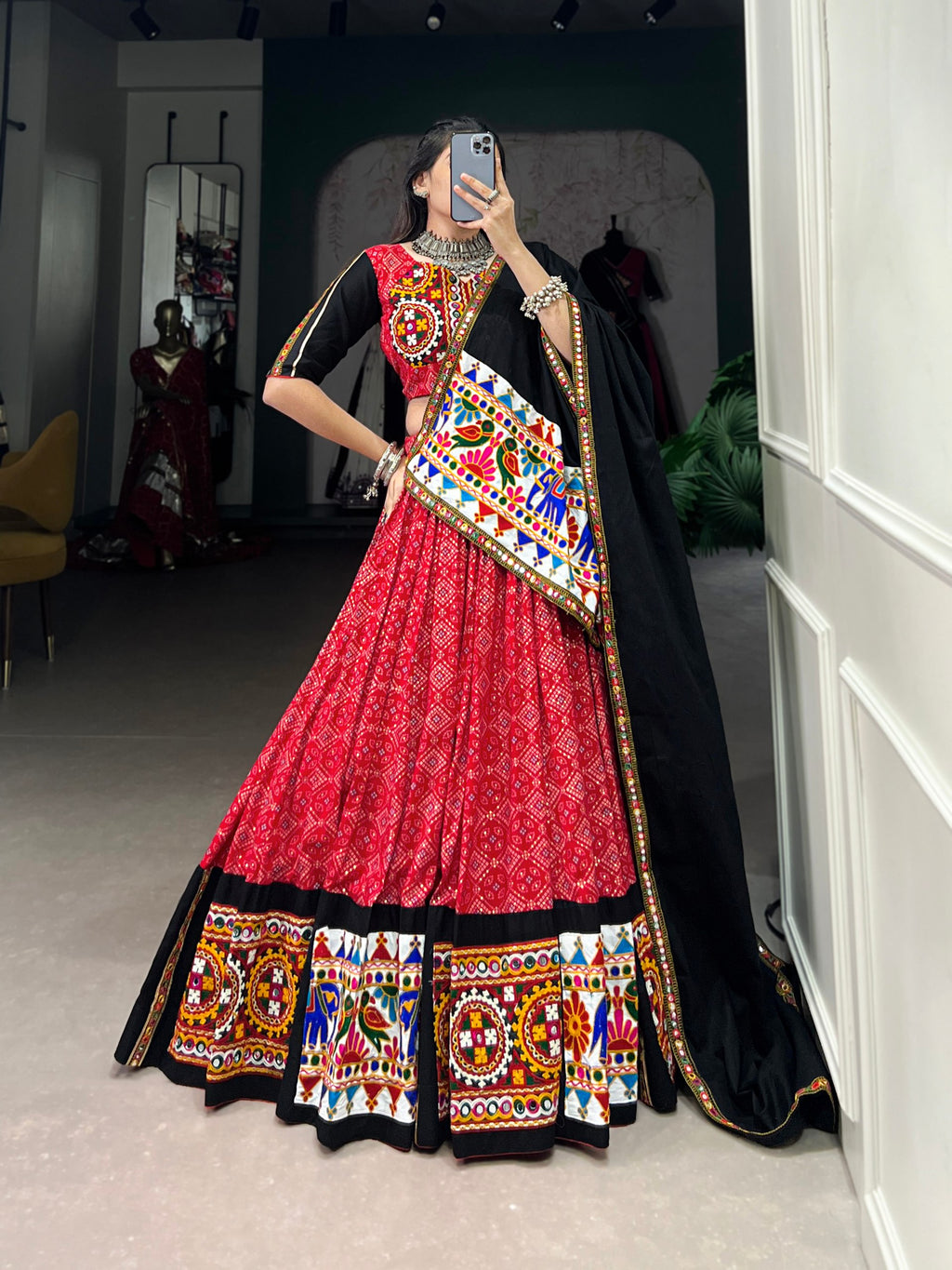 Red Printed Gamthi Work Navratri Lehenga Choli
