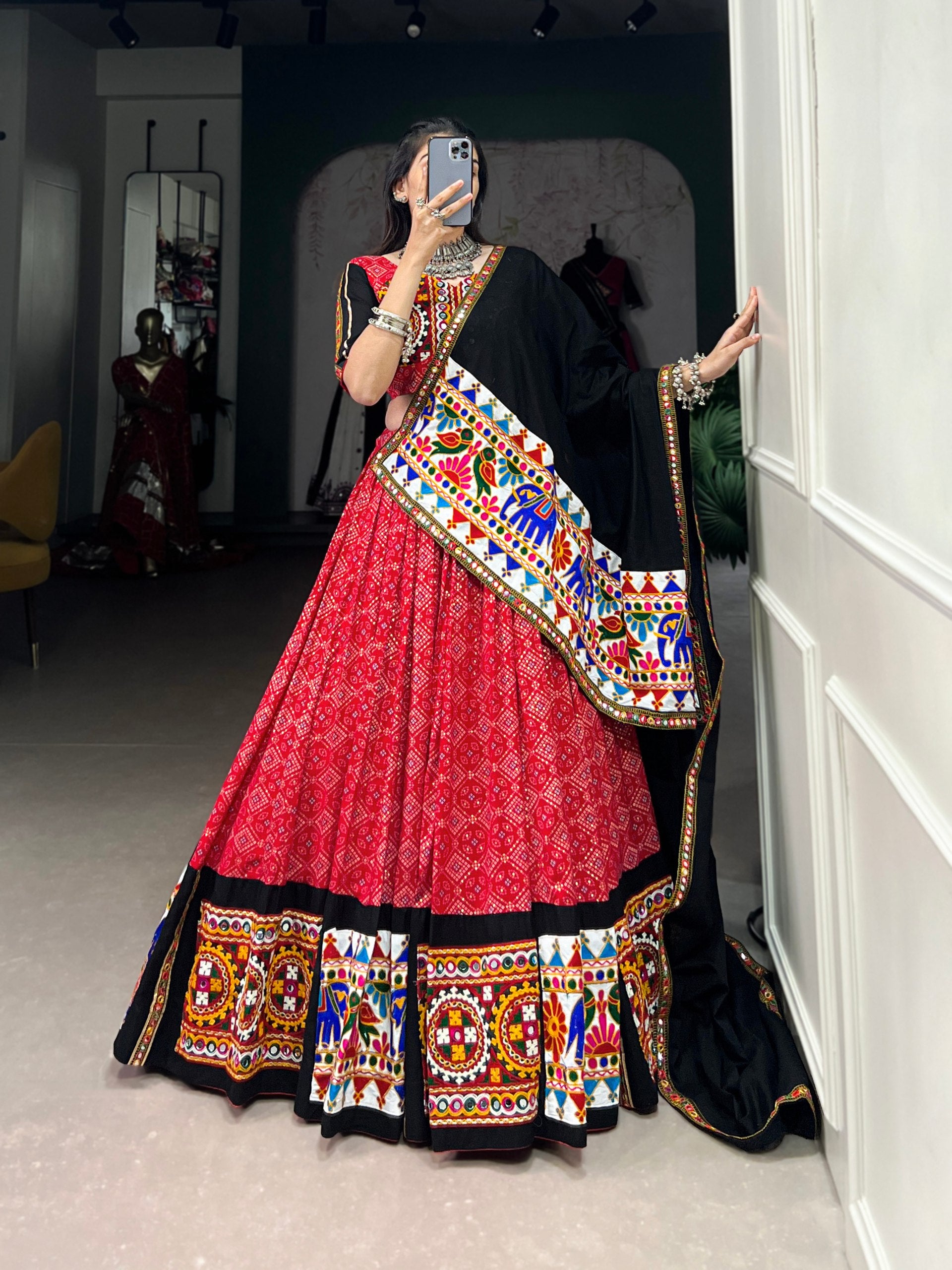 Red Printed Gamthi Work Navratri Lehenga Choli