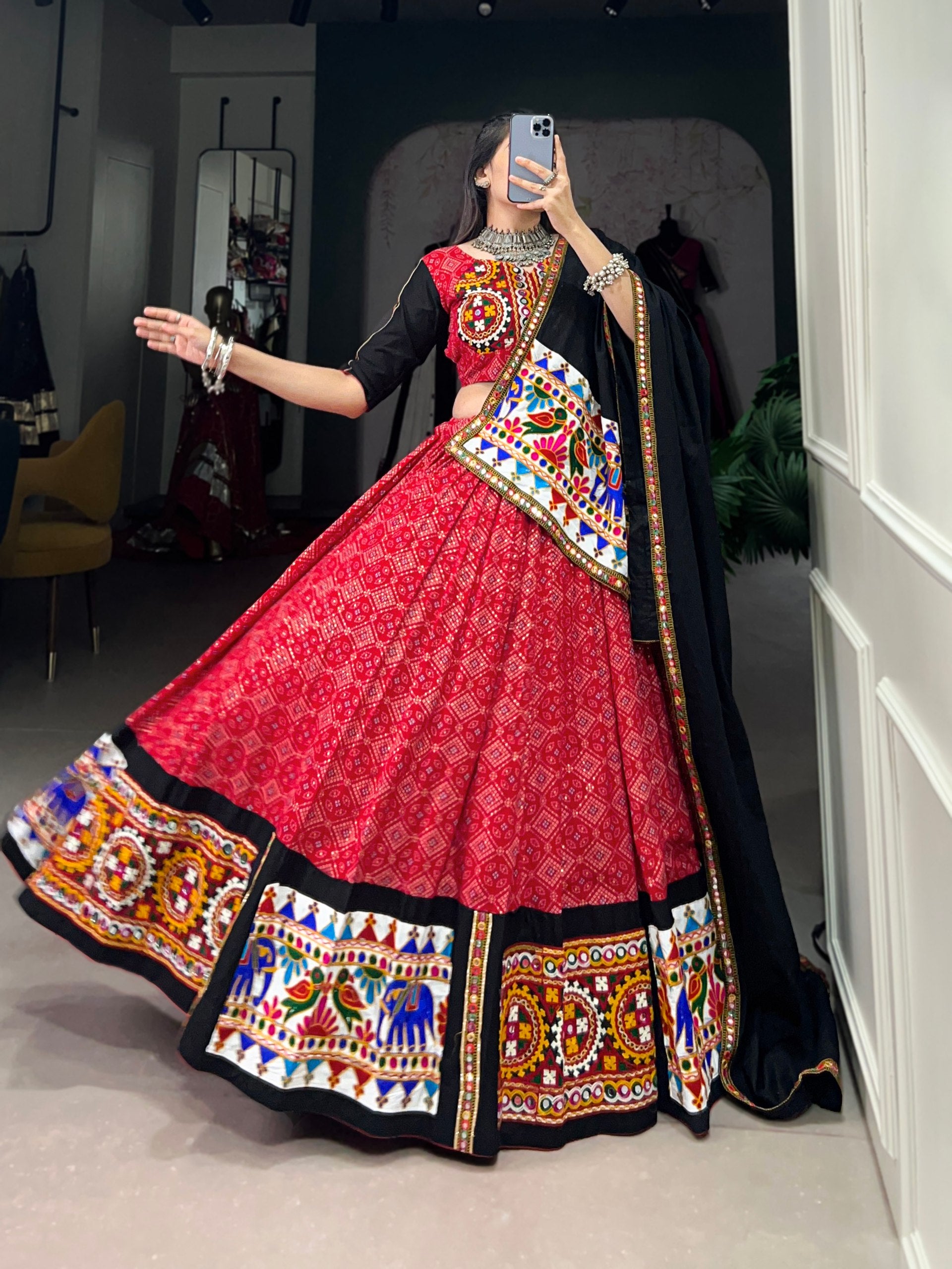 Red Printed Gamthi Work Navratri Lehenga Choli