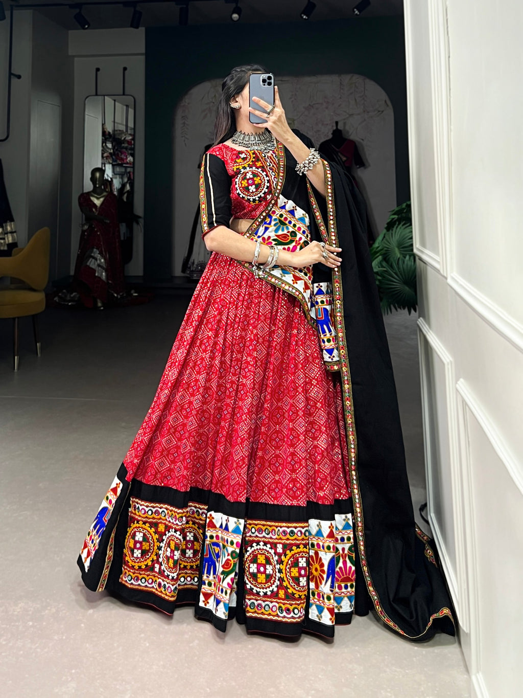 Red Printed Gamthi Work Navratri Lehenga Choli