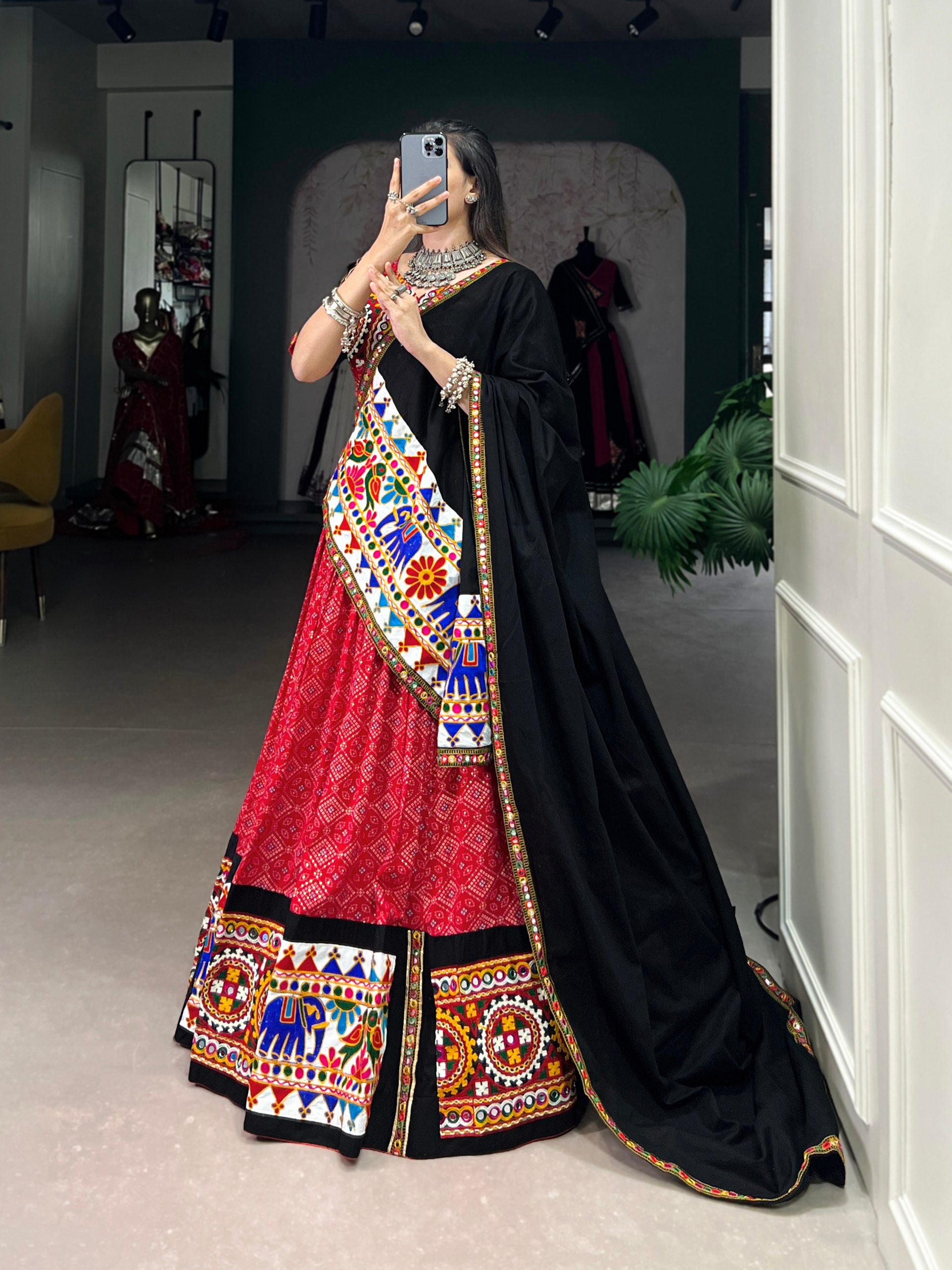 Red Printed Gamthi Work Navratri Lehenga Choli