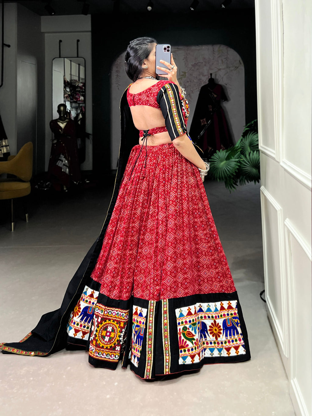 Red Printed Gamthi Work Navratri Lehenga Choli