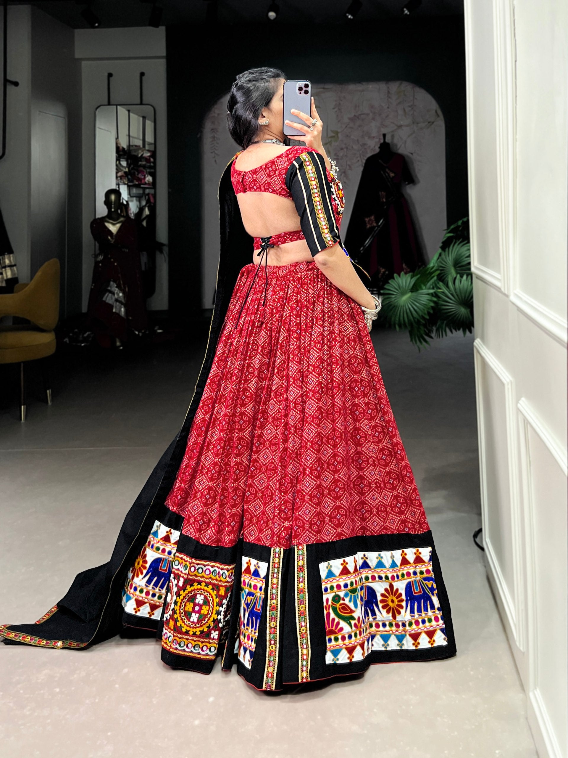 Red Printed Gamthi Work Navratri Lehenga Choli