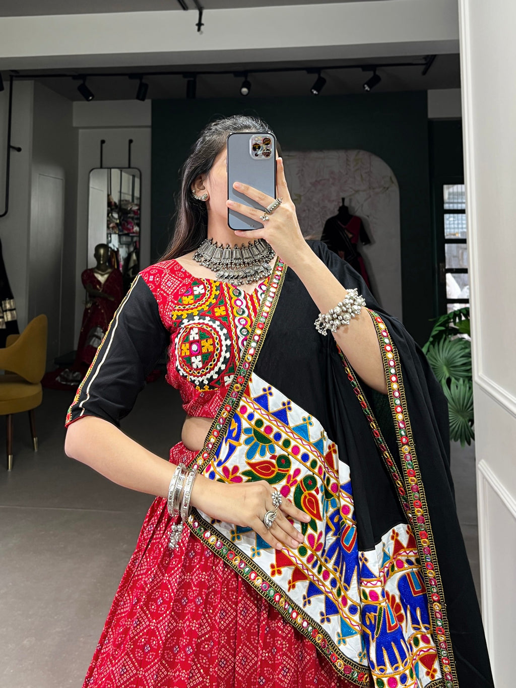 Red Printed Gamthi Work Navratri Lehenga Choli