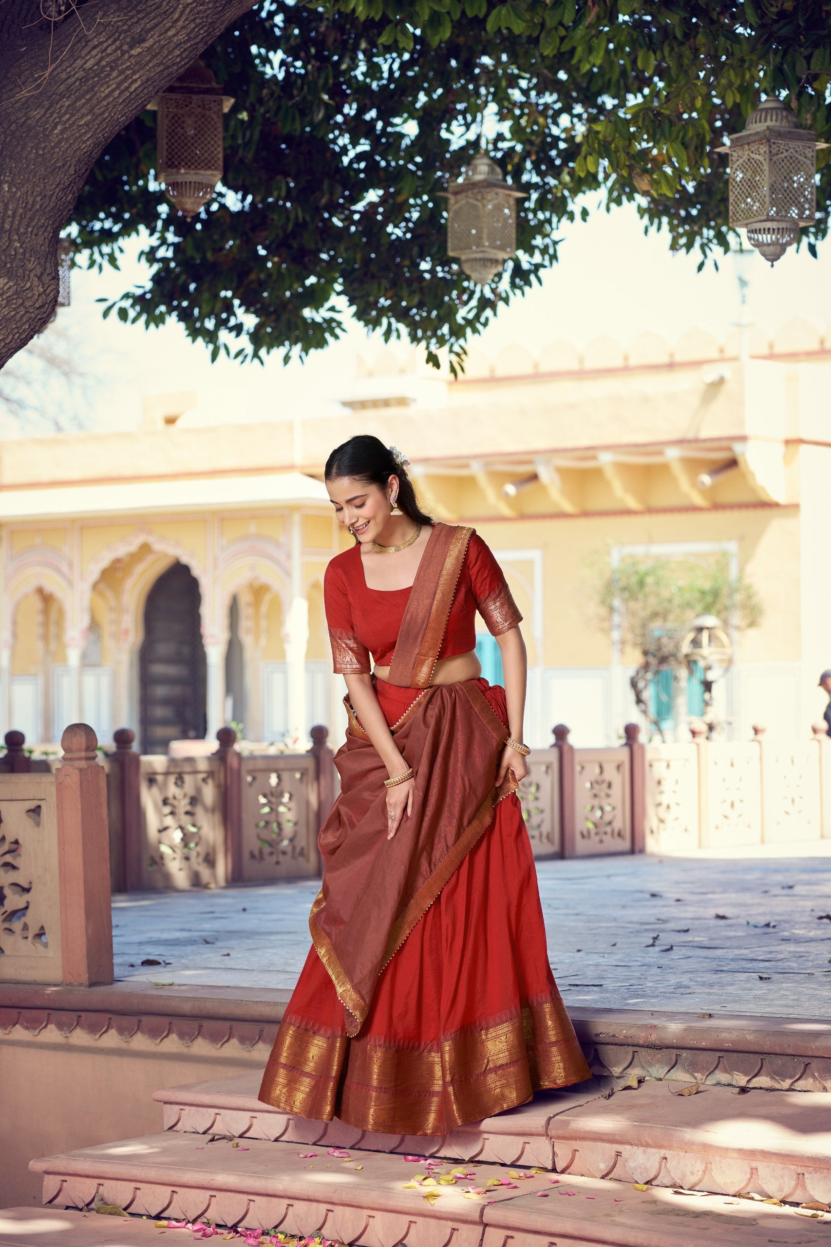 Traditional South Collection Poly Cotton Lehenga Choli in Red