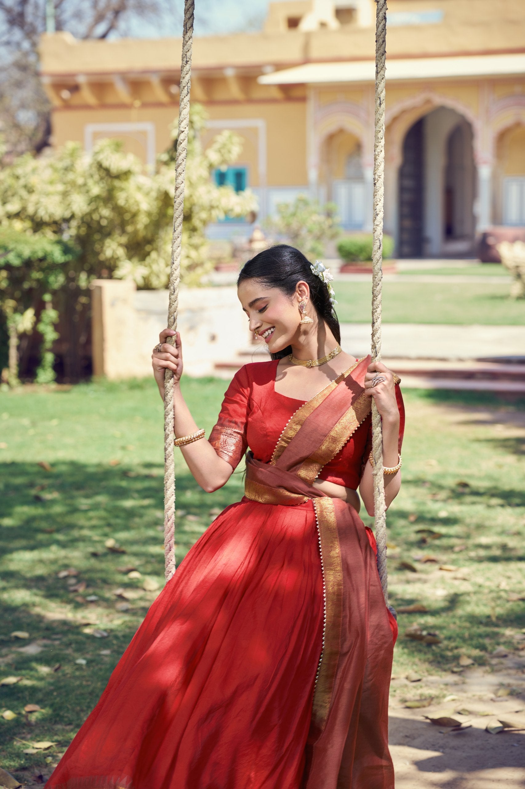Traditional South Collection Poly Cotton Lehenga Choli in Red