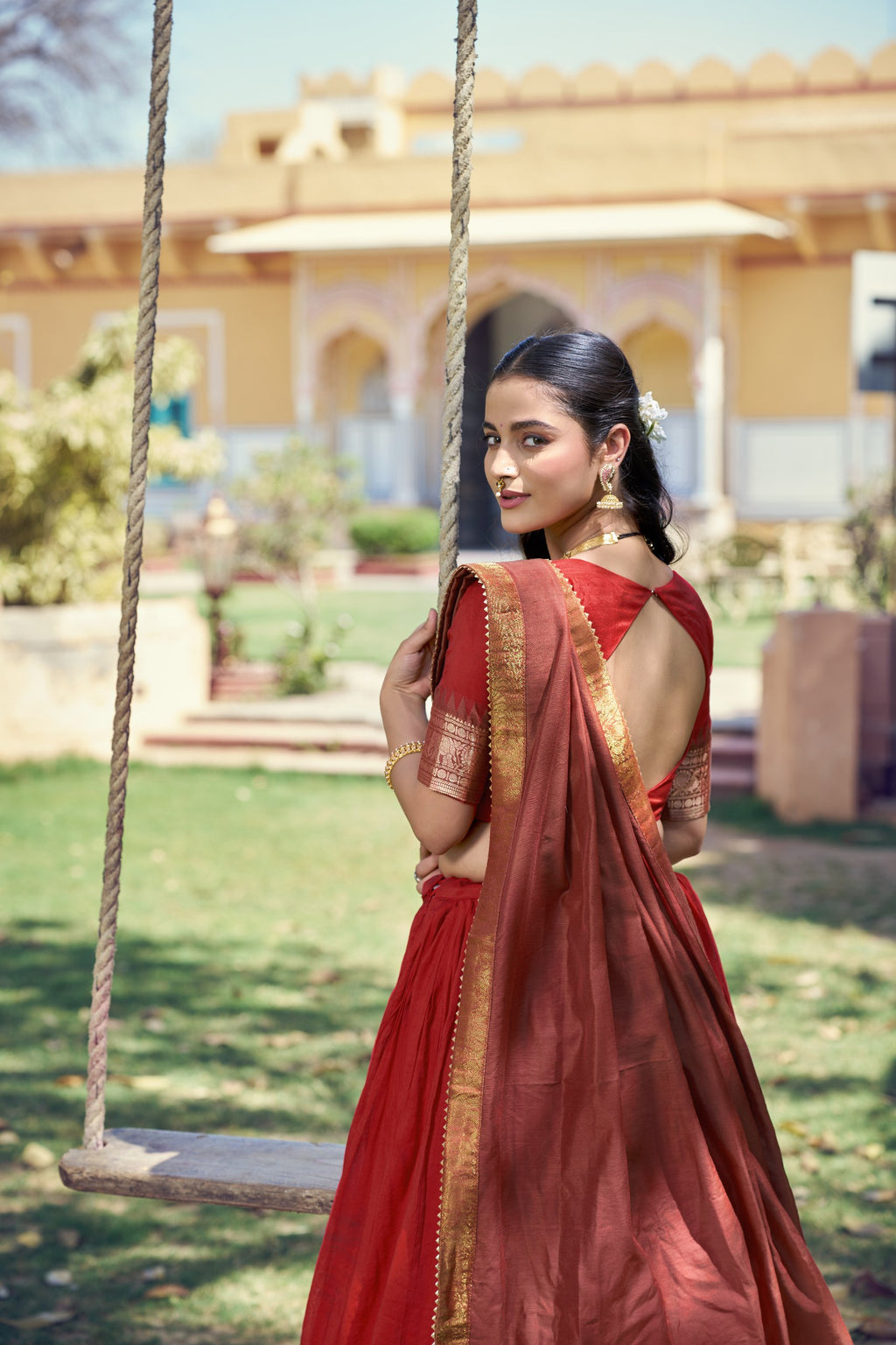 Traditional South Collection Poly Cotton Lehenga Choli in Red