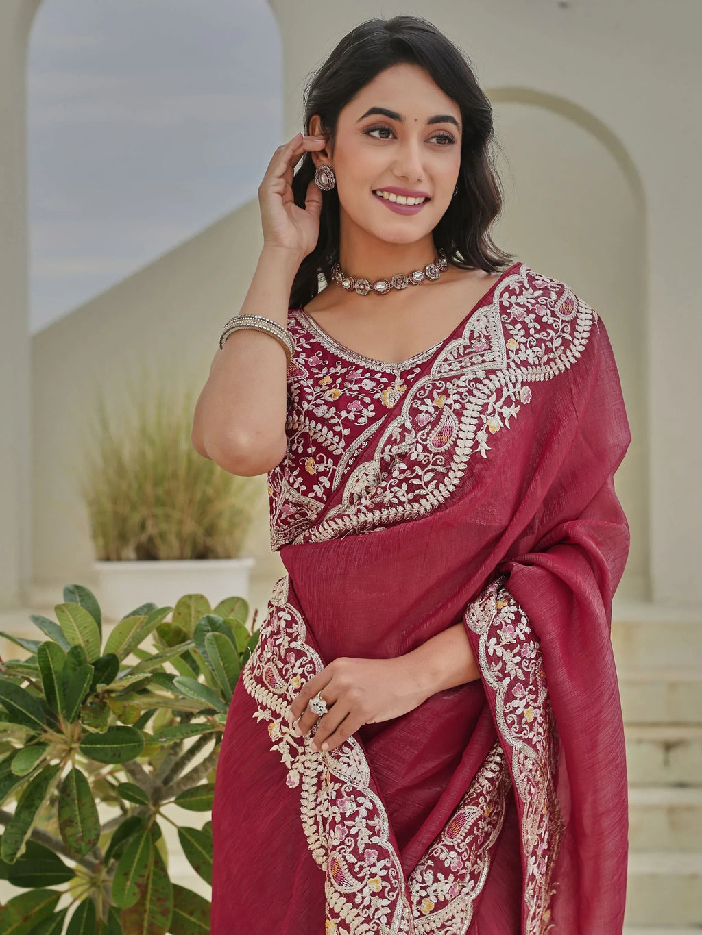 Red Classic Sequins Organza Festive Wear Saree With Blouse