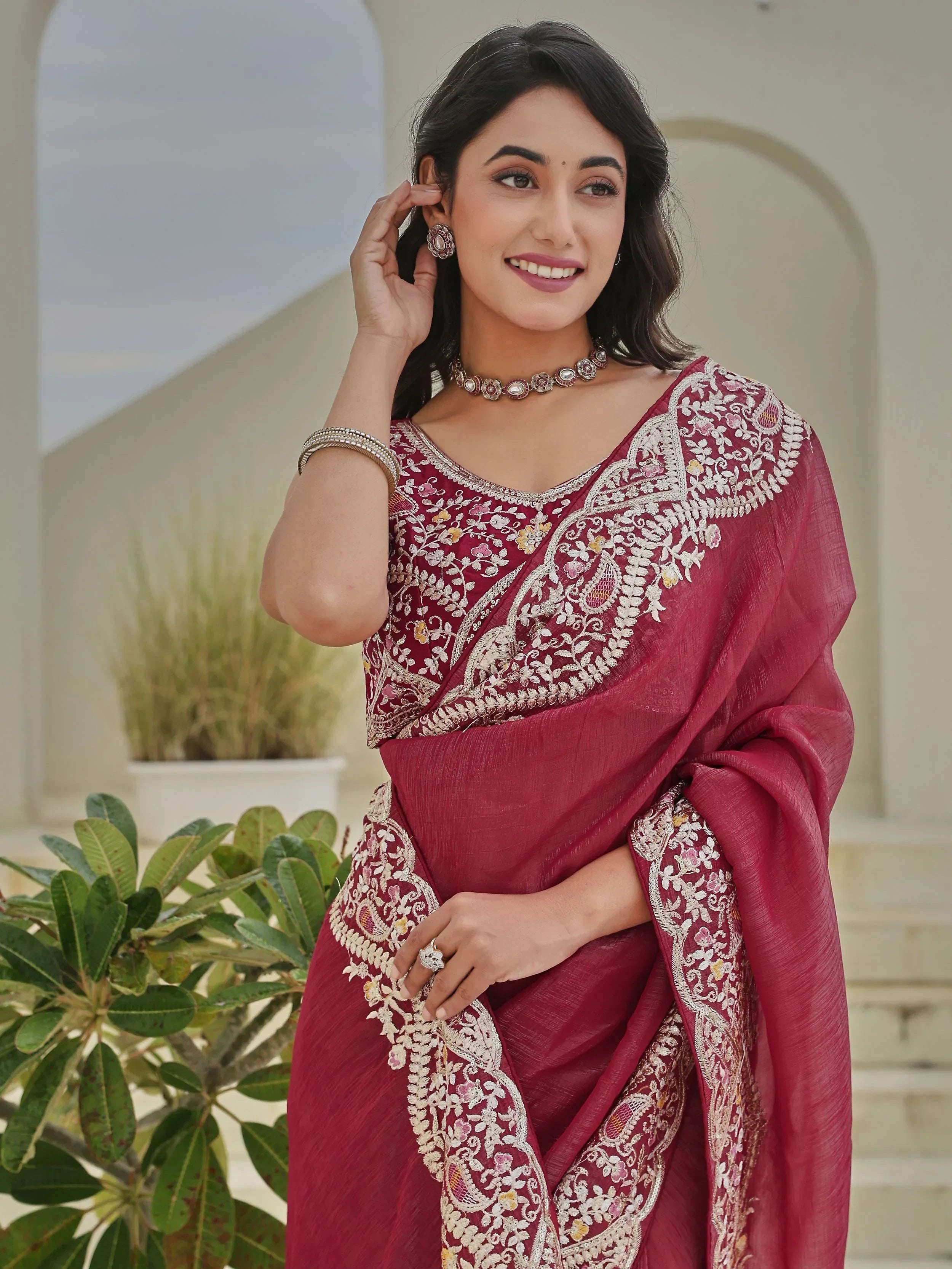 Red Classic Sequins Organza Festive Wear Saree With Blouse