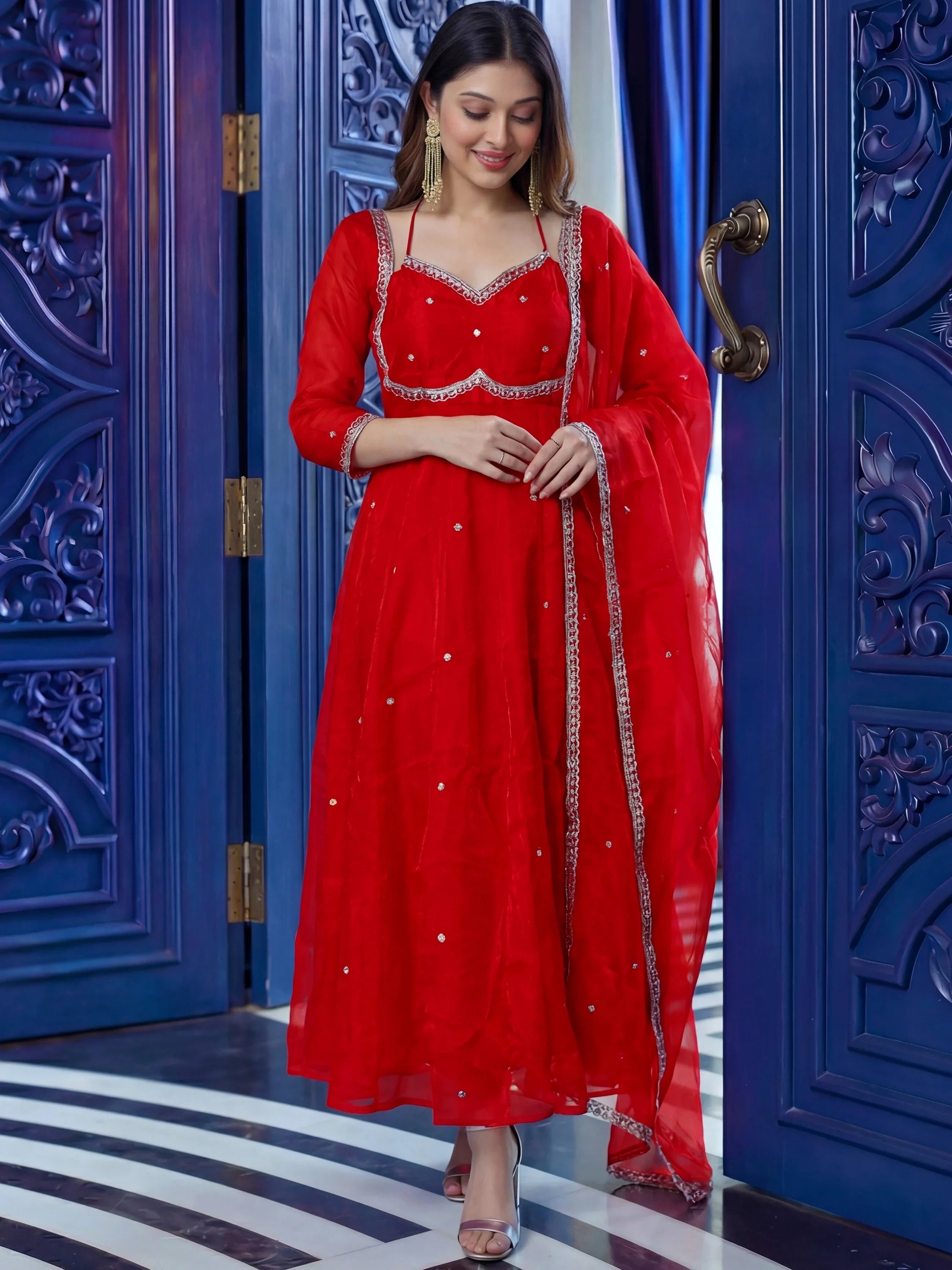 Red Beautiful Sequins Silk Haldi Wear Anarkali Gown