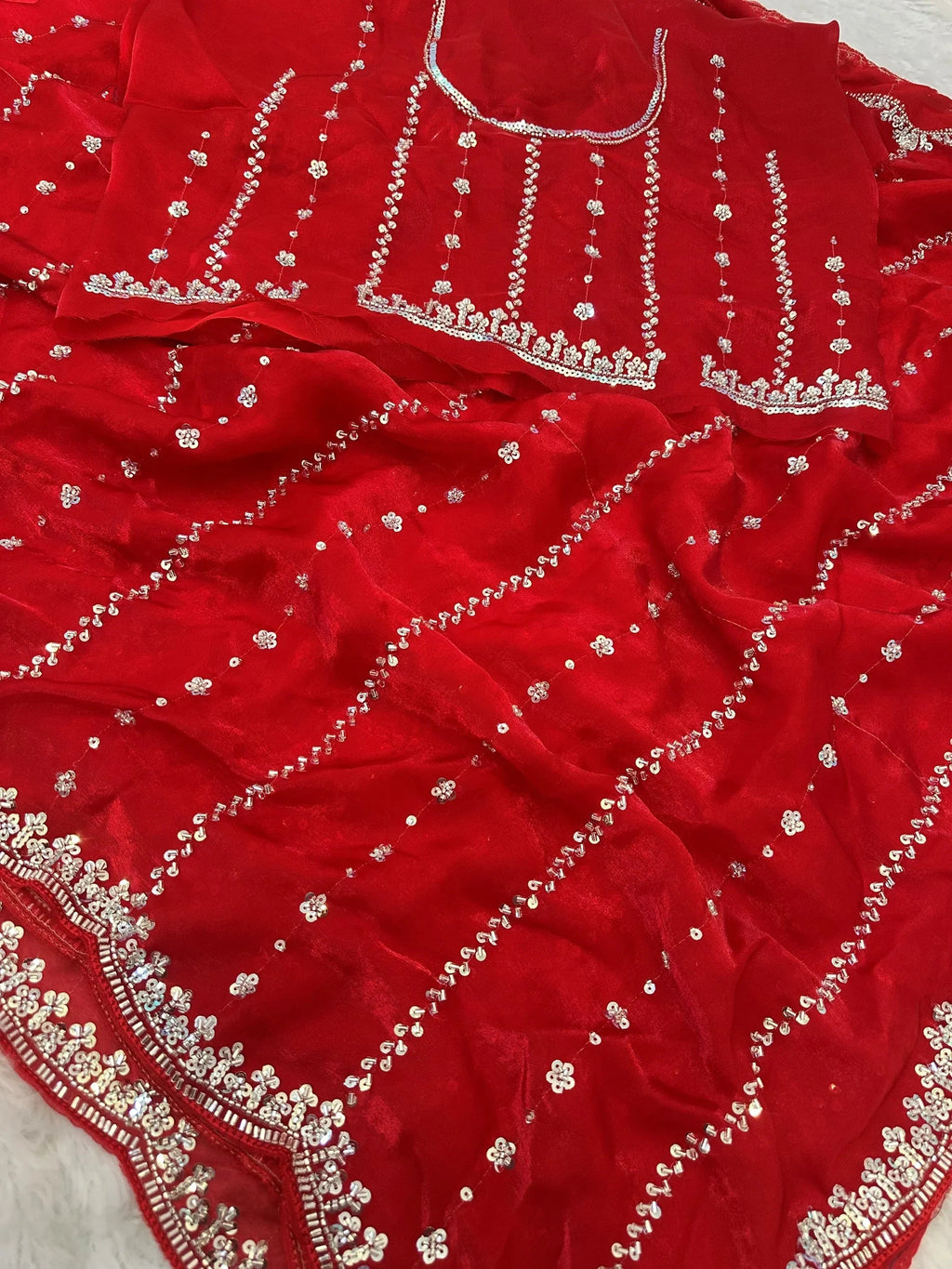 Red Captivating Beads Work Satin Party Wear Saree With Blouse