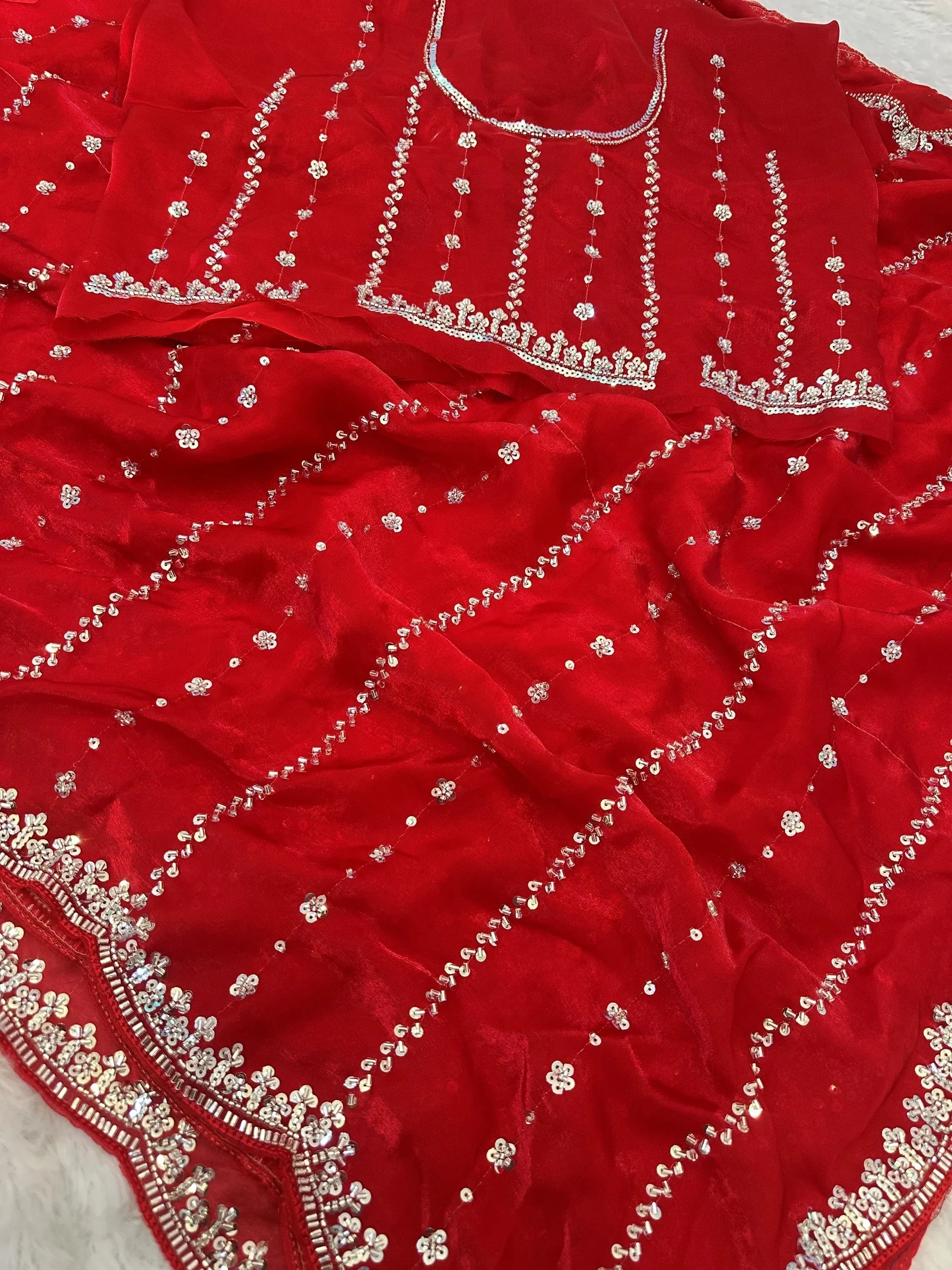 Red Captivating Beads Work Satin Party Wear Saree With Blouse
